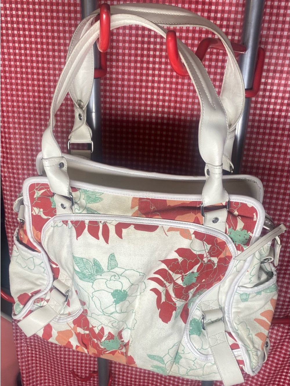 lululemon athletica Vintage Red Coral & Mint Floral Canvas Tote w Wht Trim -RARE